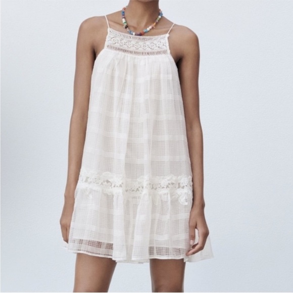 Zara Embroidered Eyelet Dress White Cottagecore Mini Ruffle Prairie Cotton Sz M - Picture 1 of 9